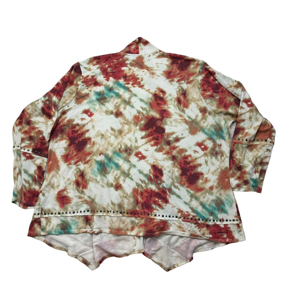 CYRUS WOMAN Tie Dye Studded Open Terry Knit Cardigan Size 3X Red Pink Green Whit - Picture 5 of 10